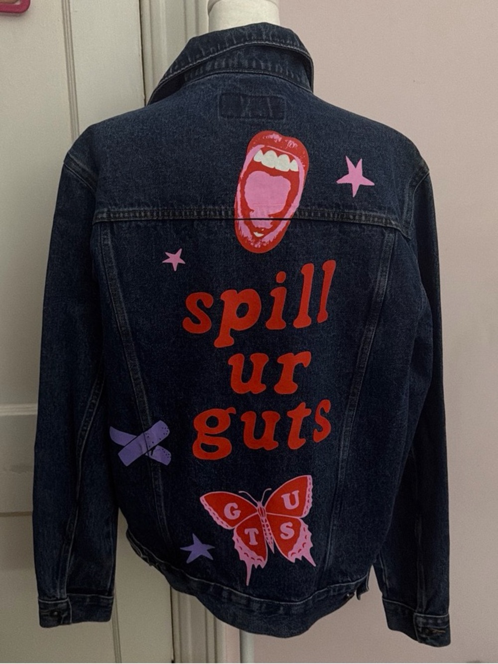 Olivia Rodrigo Dark Denim Graphic Jacket - 'spill ur guts' Pink & Red Artwork
